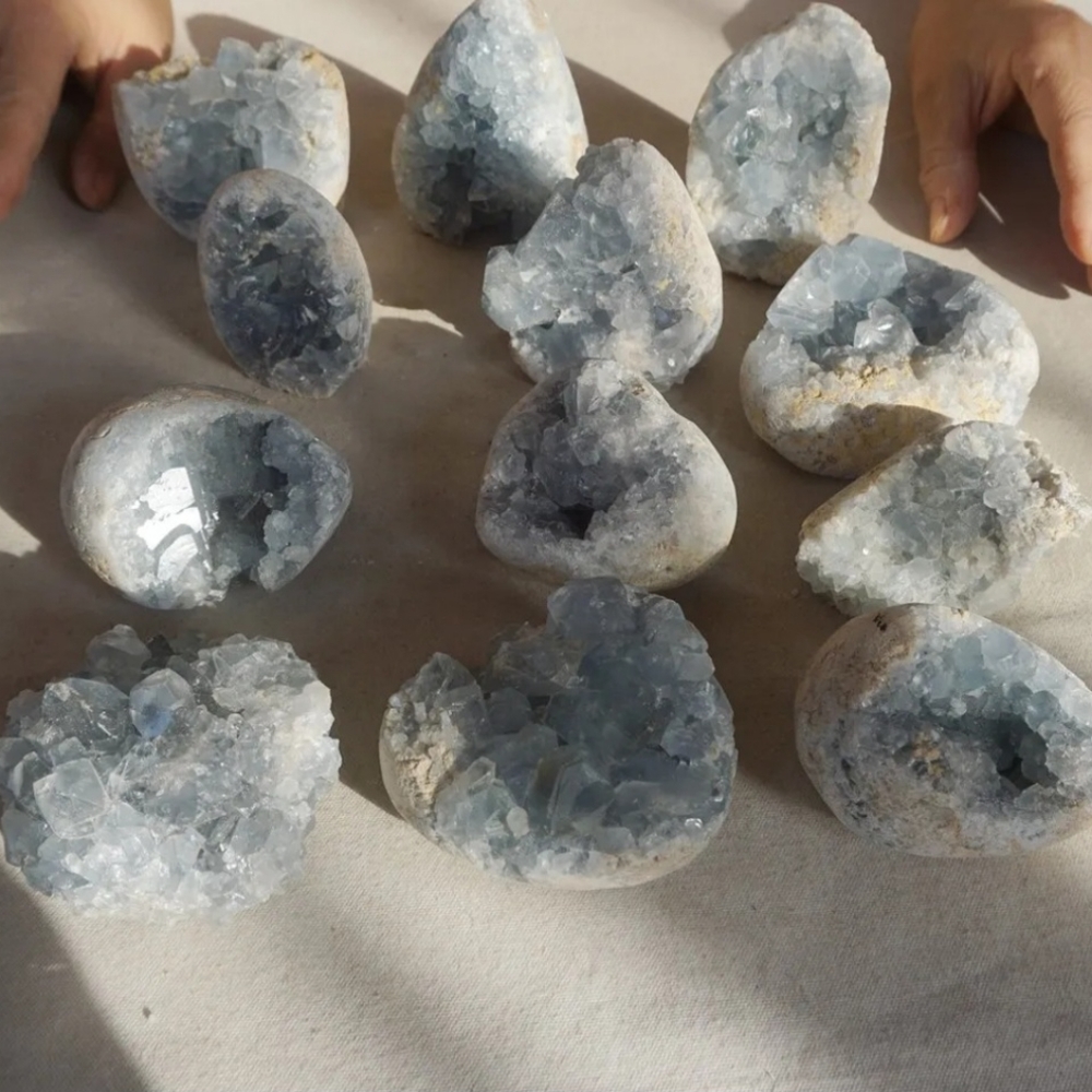 Blue Celestite Quartz Crystal Geode Cluster - Brazil - Live Show